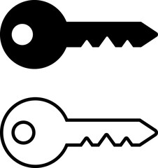 Key, vector icon. A black key and a key with a black outline on a white background.