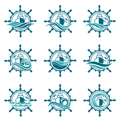 icons collection of ship, handwheel and ocean waves with seagulls