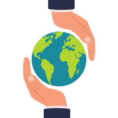 Human hands holding globe. Planet in hands man. Vector illustration flat design. Protection concept.