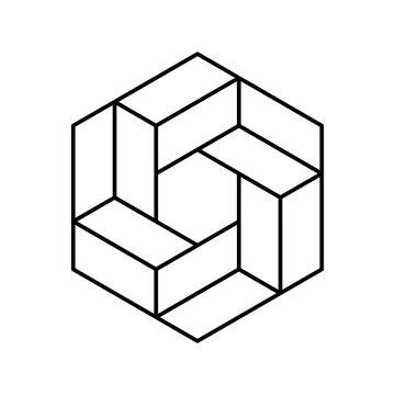 Linear impossible hexagon symbol. Penrose geometric shape. Infinity, endless concept. Esher geometric object made of 3D rectangles. Intertwined isometric design elements. Vector illustration, clip art