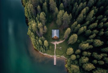 aerial view of a wooden cabin in a pine forest beside a lake in rural Finland during the summer. Generative AI