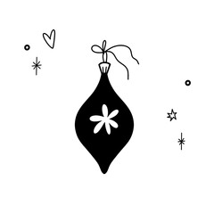 Christmas ball in doodle style. New Year decoration in sketch style. Hand drawn vector illustration isolated on white background. Holiday decor.