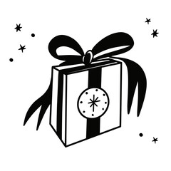 Christmas gift in doodle style. Hand drawn icon present with bows in cartoon style. Doodle gift box vector icon.