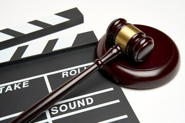 Clapper board and judge gavel background