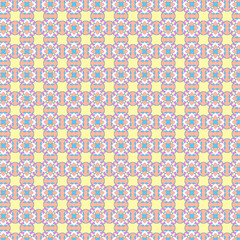 Abstract mosaic pattern with mixed geometric motifs in light pastel blue, pink, apricot and yellow