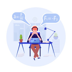 Student at home focused doing hard homework or preparing for exam.vector flat design illustration