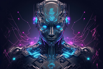 cyborg abstract furistic holographic technology with a tron crypto face. Generative AI - obrazy, fototapety, plakaty