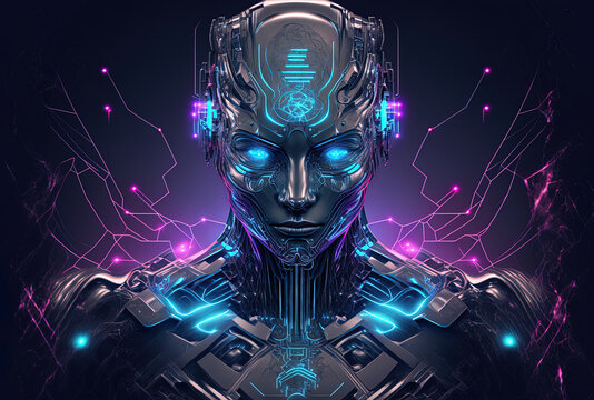 cyborg abstract furistic holographic technology with a tron crypto face. Generative AI