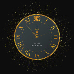 Happy New Year 2023 Background. Gold watch. Countdown to New Year. Vector banner