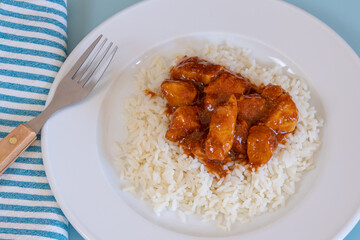 morceaux de poulet sauce tomate et curry accompagné de riz blanc en gros plan dans une assiette
