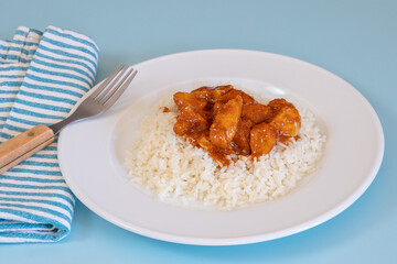 morceaux de poulet sauce tomate et curry accompagné de riz blanc en gros plan dans une assiette