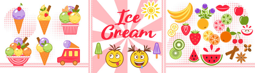 Set of ice cream objects, fruits, emoji in simple minimal style. Radial background with lace band, text and sun.