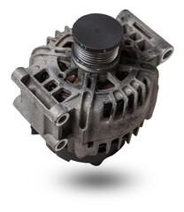 Car generator, car electrical network element on white background, generator details close-up....