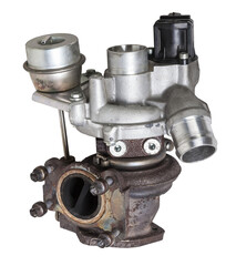 Turbo charger installed for power booster torque drive on white isolated background. Auto service...