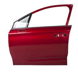 The red front door of the car on a white isolated background. Body repair of vehicles in a service workshop.
