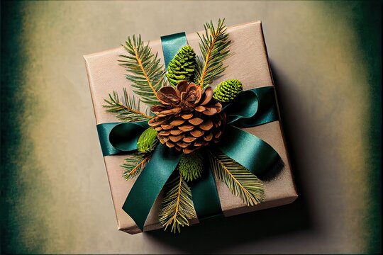 Overhead View Of A Gift Box Decorated With A Green Ribbon