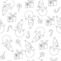 Vector seamless pattern of doodles snowmen. Black outlined snowmen on white background. Candy canes, gift boxes, Christmas symbols concept
