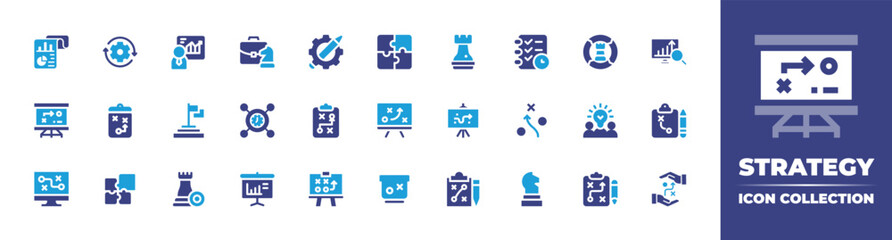 Strategy icon collection. Vector illustration. Containing business report, arrows, graph, briefcase, creative process, puzzle, chess, planning, strategy, marketing strategy, achievement, and more.