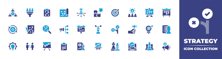 Strategy icon collection. Vector illustration. Containing team management, filter, strategy, puzzle pieces, target, brainstorming, settings, business strategy, planning strategy, coin toss, and more.