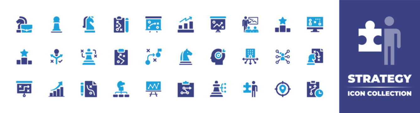 Strategy icon collection. Vector illustration. Containing business strategy, strategy, presentation, money growth, planning, ranking, plan, planning strategy, chess, affiliate marketing, and more.