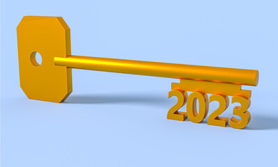 Concept key with new year 2023 on blue background