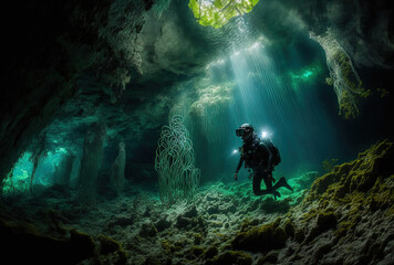 Mexico's Cenote Angelita, cave diving, extreme underwater experience, and underwater fogscape. Generative AI