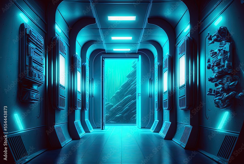 Poster interior decoration of a lit corridor. sci fi spacecraft interior passageways that are abstract. spa