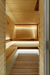 Finnish bathroom with a small wooden sauna and firewood stove. Modern spa interior with a glass door and wooden walls