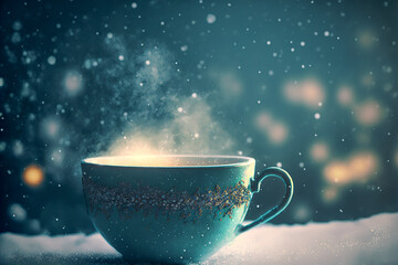 Hot drink in a porcelain cup in winter. Generative AI.
