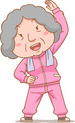 Cartoon character of grandma doing exercises.