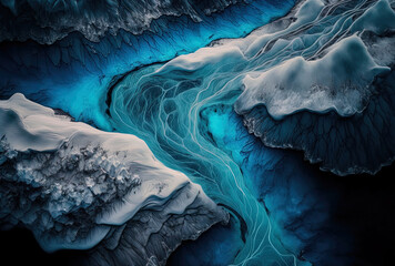 a torrent of ice from above. aerial image of rivers emerging from Icelandic glaciers. Mother nature has created stunning works of art in Iceland. high quality photo for a wallpaper backdrop - obrazy, fototapety, plakaty