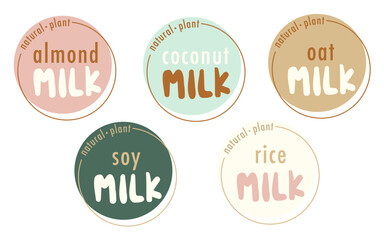 Vegetable, pLant milk, color stickers set for packaging design. Almond, coconut, rice, oat and soy drink. Hand drawn lettering. Vector illustration, print, emblem. 