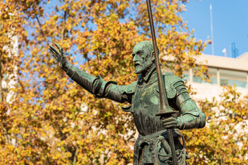 Closeup of the bronze statue of Don Quixote de la Mancha, part of the monument to Miguel de...