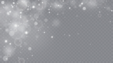 Particles of white magic dust. Shining light particles.Christmas glitter particles. Light effect on a transparent background.