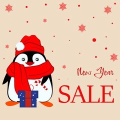 Vector holiday banner for Christmas sale or discounts with cute cartoon penguin in red hat and scarf