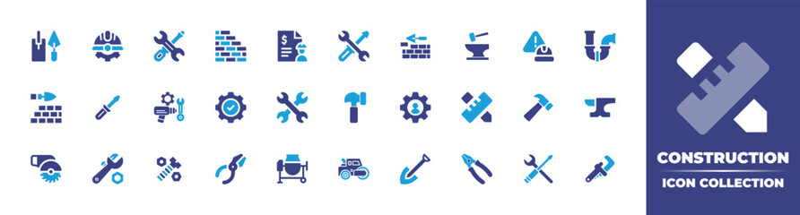 Construction icon collection. Duotone color. Vector illustration. Containing construction tools, helmet, tools, parquet, contract, repair, brick, anvil, sign, pipe, brick wall, screwdriver, and more.