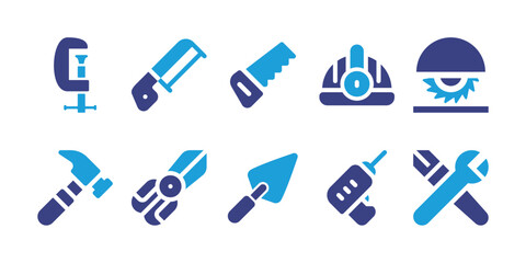 Construction icon set. Duotone color. Vector illustration. Containing construction, saw, hand saw, helmet, circular saw, construction and tools, trowel, drill, skills.