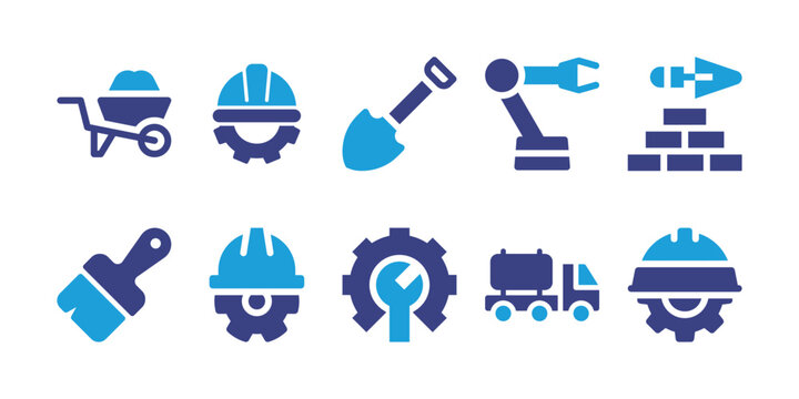 Construction icon set. Duotone color. Vector illustration. Containing wheelbarrow, engineer, shovel, robotic arm, trowel, paint brush, engineering, configuration, oil truck.