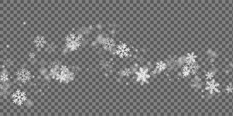 Fototapeta na wymiar Simple falling snowflakes composition. Winter dust freeze granules. Snowfall sky white transparent background. Many snowflakes new year theme. Snow hurricane landscape.