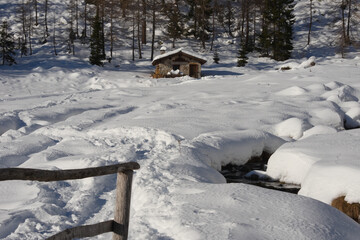 Winter Alps: snow covered cottage near the forest