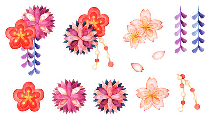 Fototapeta premium つまみ細工の花の水彩風イラストセット