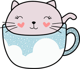 Colorful Cute Heart Cat in a Coffee Cup