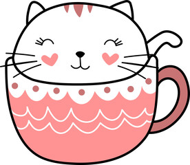 Colorful Cute Heart Cat in a Coffee Cup