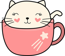 Colorful Cute Heart Cat in a Coffee Cup