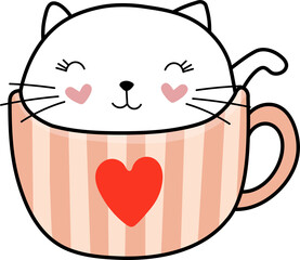 Colorful Cute Heart Cat in a Coffee Cup