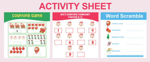 3 in 1 Activity Sheet for children. Educational printable worksheet for preschool. Counting and writing activity. Vector File.