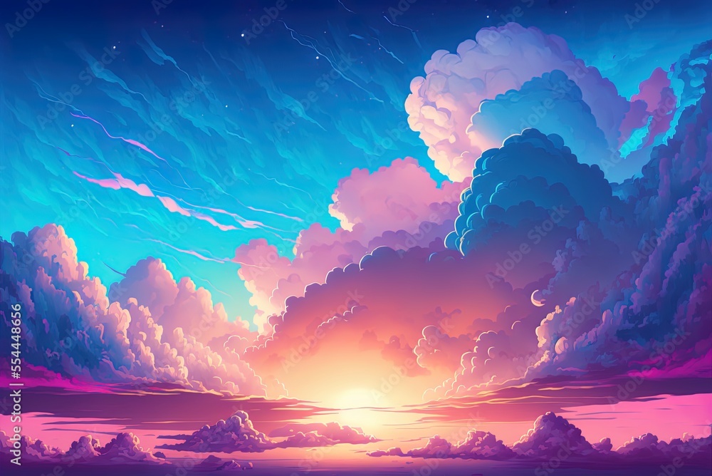 Poster background with blue sky and clouds at dusk. the gradient is abstract. generative ai