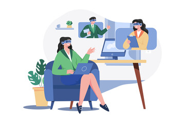 Businesswoman wearing a VR headset for online meeting