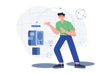 A man having fun playing metaverse VR virtual reality glasses