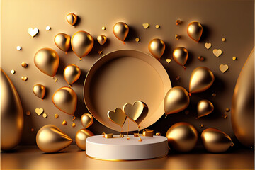 Elegant golden heart and balloons with festive confetti, perfect for a romantic birthday or anniversary celebration background.  generative ai 